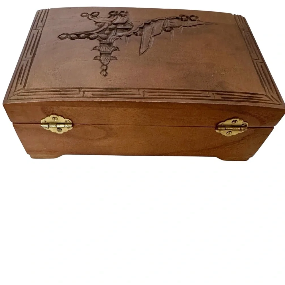 Wooden Carved Jewelry Box with Brass Latch Vintage
